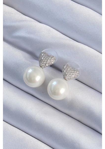 Pirinç Gümüş Renk Zirkon Taşlı Kalp Inci Tasarım Kadın Küpe