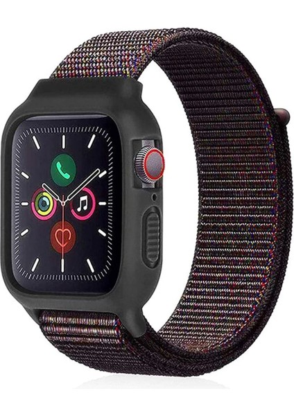 Apple Watch 38MM Hasırlı Cırtcırtlı Kasalı Kordon - SIYAH-MAVI-(5796)