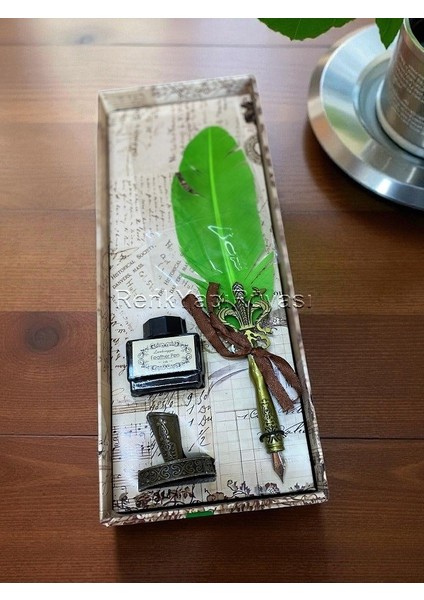 Zarif Şık Kuş Tüylü Vintage Kalem Seti Vintiç Divit Mürekkep Seti Hediyelik Kalem Seti