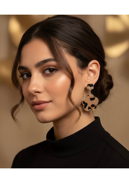 Leopar Desenli Altın Çerçeveli Küpe Seti (2’li Kombin)