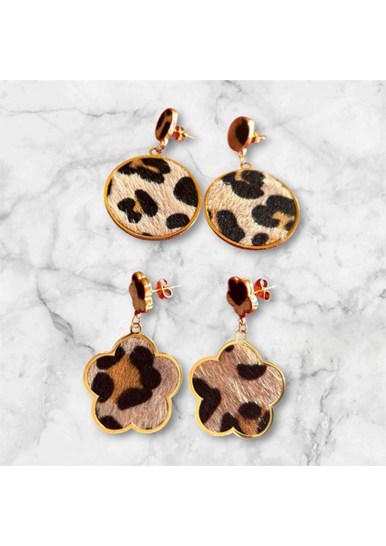 Leopar Desenli Altın Çerçeveli Küpe Seti (2’li Kombin) modelleri