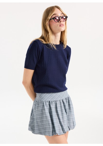 Bisiklet Yaka Basic Saç Örgü Desenli Lacivert Kazak Kadın PBF5WL-KZK9545