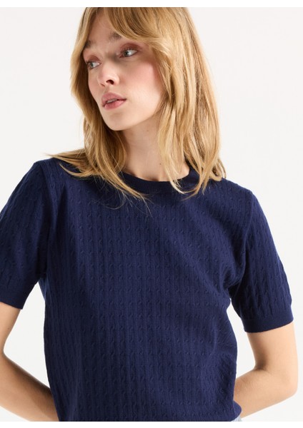 Bisiklet Yaka Basic Saç Örgü Desenli Lacivert Kazak Kadın PBF5WL-KZK9545 fırsatları