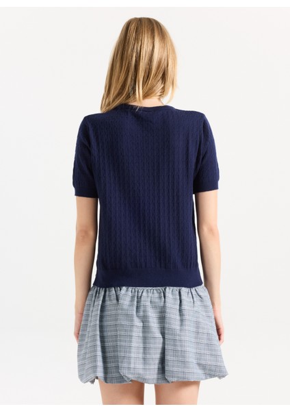 Bisiklet Yaka Basic Saç Örgü Desenli Lacivert Kazak Kadın PBF5WL-KZK9545