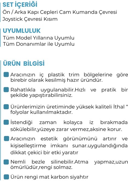 Togg T10F Sedan Uyumlu Iç Trim Folyo Kaplama Set - Mat Karbon Siyah fiyatları