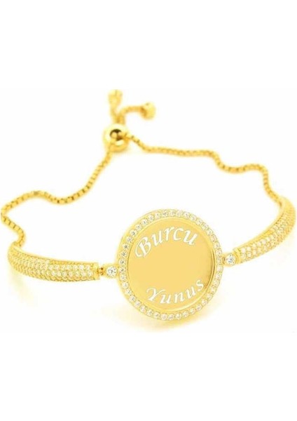 Hk Gümüş Kadın Bileklik Gold İsimli Kişiye Özel Taşlı |Gümüş Takı Hediyelik Ürünler