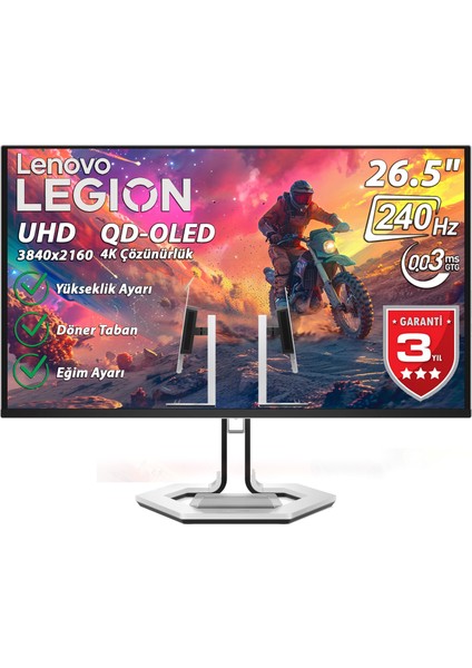 Legion Pro 27UD-10 26.5" 0.03 Ms (Gtog) 240Hz (2x Hdmı, Dp, Usb-C) Amd Freesync Premium Pro UHD 3840X2160 Pivot Qd-Oled Panel Monitör 68CEGACBTK