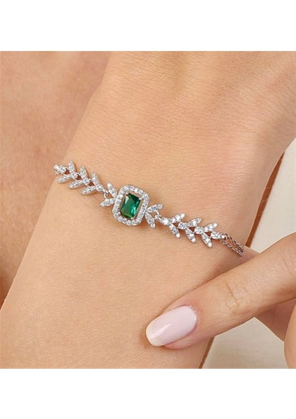 925 Ayar Sentetik Zümrüt Gümüş Bileklik Pırlanta Montür Emerald Buketi Özel Hediye Paketli