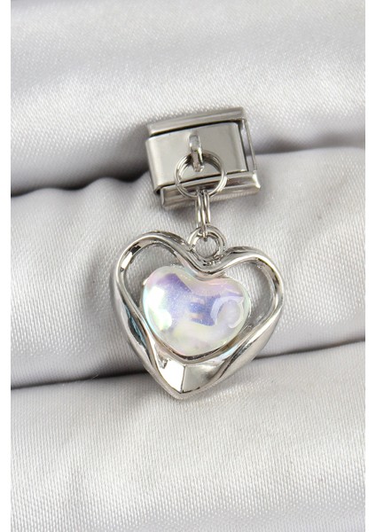 316L Çelik Sallantılı Zirkon Taşlı Kalp Gümüş Renk Nomination Charm