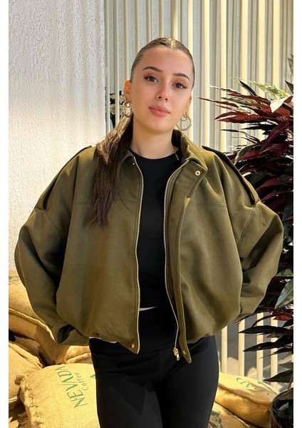 Kadın Haki Oversize Süet Bomber Ceket