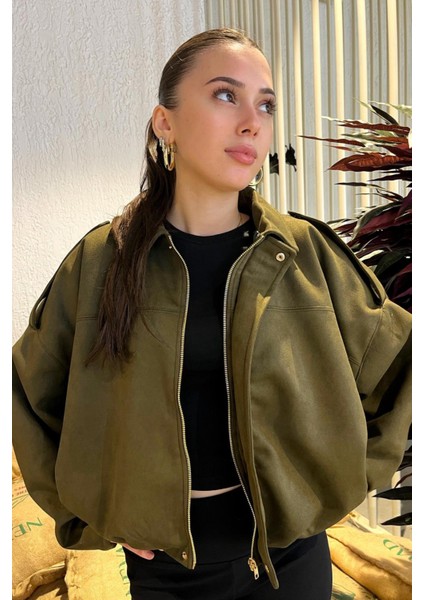 Kadın Haki Oversize Süet Bomber Ceket modelleri