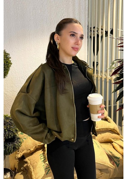 Kadın Haki Oversize Süet Bomber Ceket fırsatları