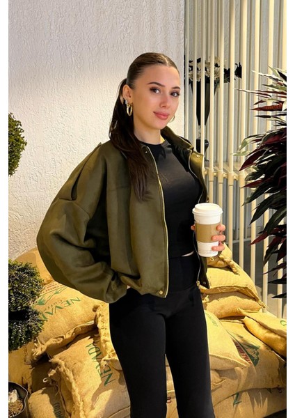 Kadın Haki Oversize Süet Bomber Ceket indirimleri