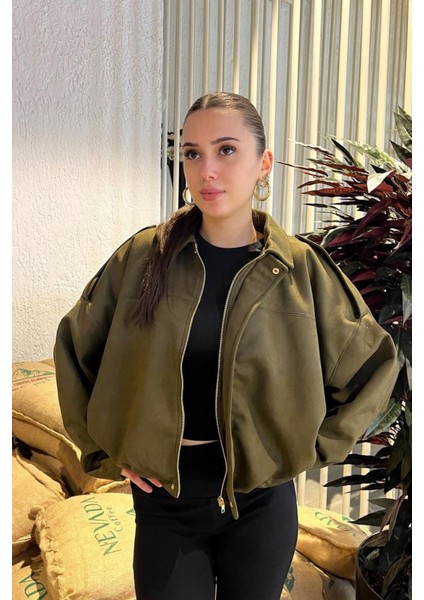 Kadın Haki Oversize Süet Bomber Ceket