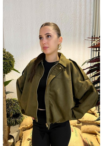 Kadın Haki Oversize Süet Bomber Ceket