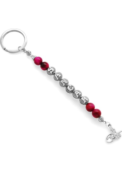 Kararmaz Metal Isme Özel Yazılı Fuşya Kaplan Gözü Doğaltaş ve Çelik Bileşim Anahtarlık