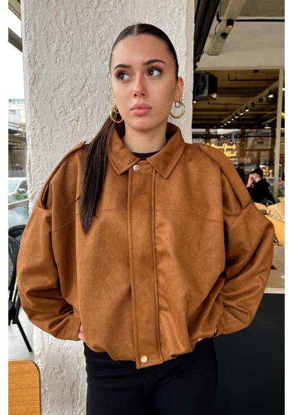 Kadın Taba Oversize Süet Bomber Ceket