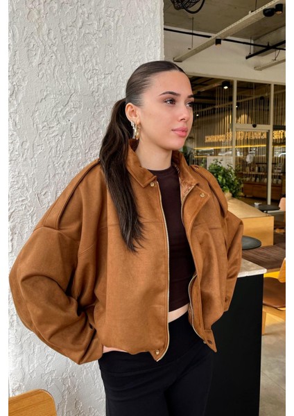 Kadın Taba Oversize Süet Bomber Ceket modelleri