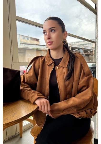 Kadın Taba Oversize Süet Bomber Ceket