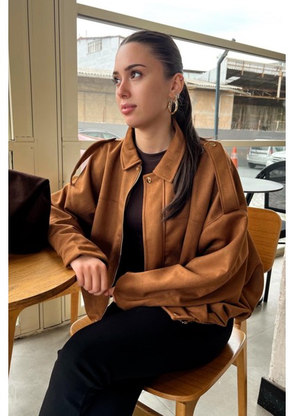 Kadın Taba Oversize Süet Bomber Ceket