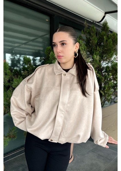 Kadın Bej Oversize Süet Bomber Ceket