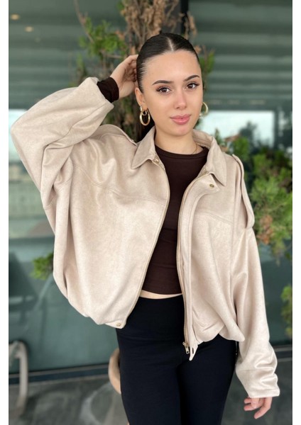 Kadın Bej Oversize Süet Bomber Ceket indirimleri