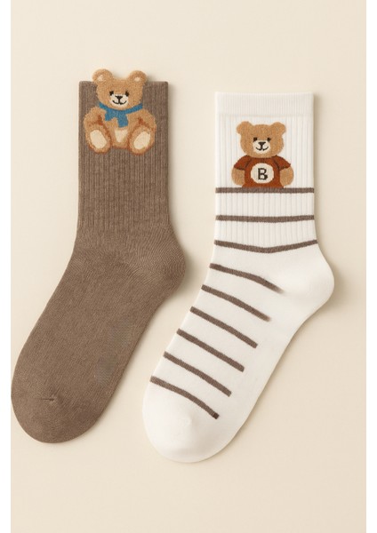 Kadın Teddy Bear Desenli 2'li Soket Çorap Ekru- Kahverengi