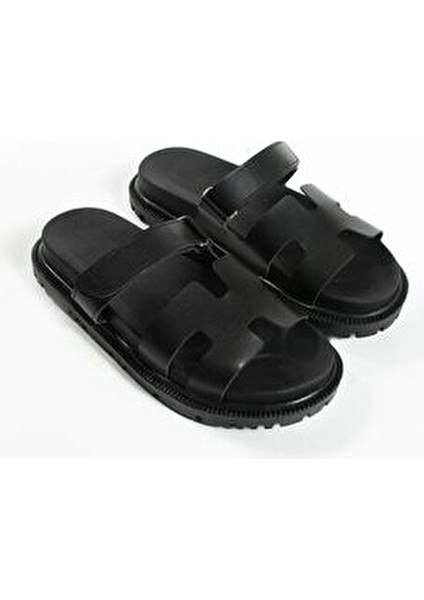 Siyah Cırtlı Kadın Terlik Suni Deri Anatomik Rahat Taban Günlük Kullanım İçin