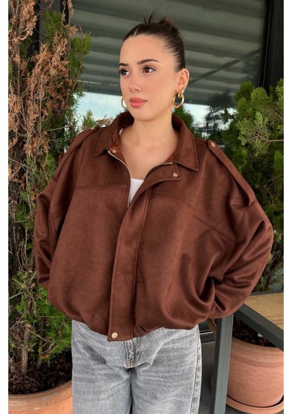Kadın Kahverengi Oversize Süet Bomber Ceket