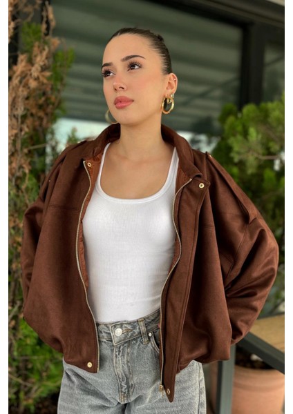 Kadın Kahverengi Oversize Süet Bomber Ceket fiyatları
