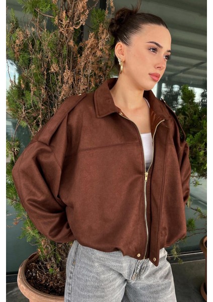 Kadın Kahverengi Oversize Süet Bomber Ceket modelleri