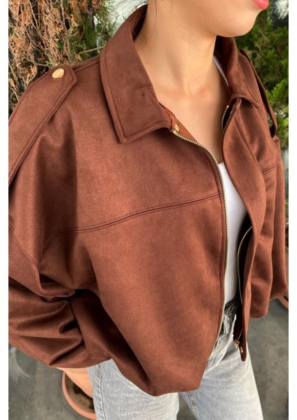Kadın Kahverengi Oversize Süet Bomber Ceket fırsatları