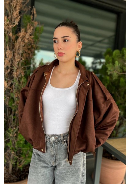 Kadın Kahverengi Oversize Süet Bomber Ceket indirimleri