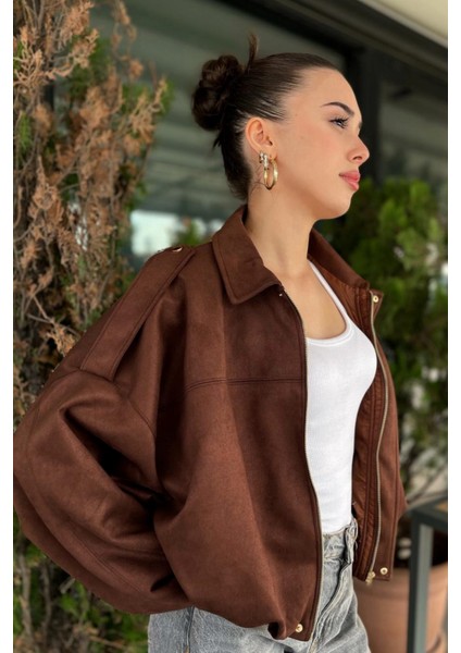 Kadın Kahverengi Oversize Süet Bomber Ceket