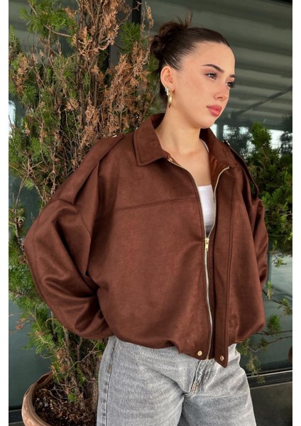 Kadın Kahverengi Oversize Süet Bomber Ceket