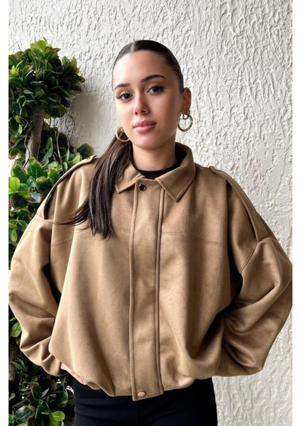 Kadın Sütlü Kahve Oversize Süet Bomber Ceket