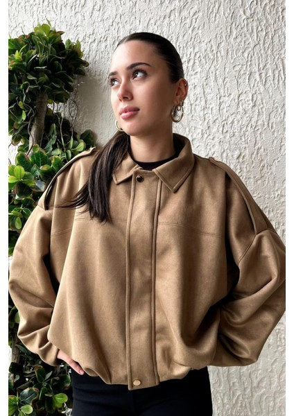 Kadın Sütlü Kahve Oversize Süet Bomber Ceket