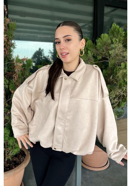 Kadın Bej Oversize Süet Bomber Ceket modelleri