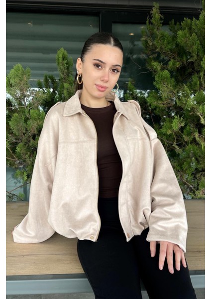 Kadın Bej Oversize Süet Bomber Ceket fırsatları