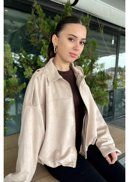 Kadın Bej Oversize Süet Bomber Ceket