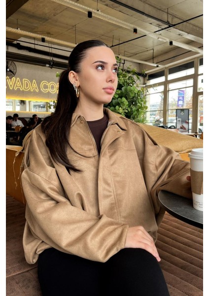 Kadın Sütlü Kahve Oversize Süet Bomber Ceket modelleri