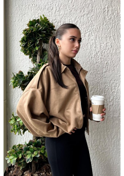 Kadın Sütlü Kahve Oversize Süet Bomber Ceket