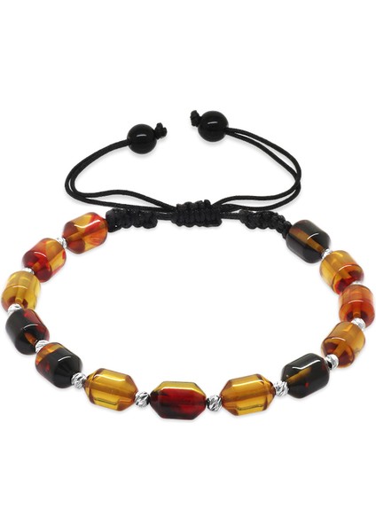 Makrome Örgülü Beyaz Dorika Top Süslemeli Bala Siyah Ateş Kehribar Erkek Bileklik