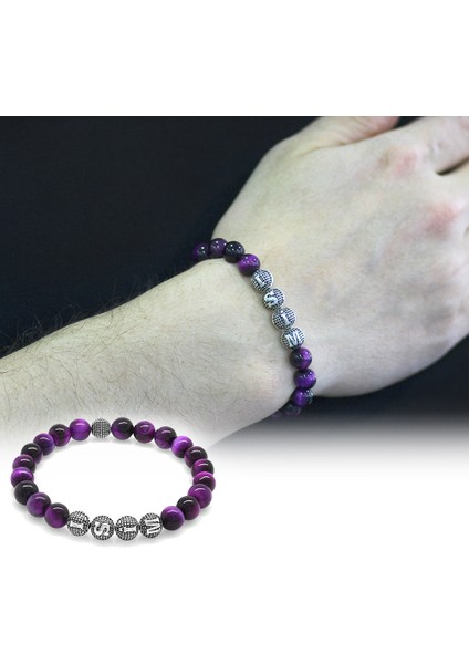 Mor Kaplan Gözü Doğaltaş Bileklik - Isme Özel Yazılı - Metal Kombinli - Küre Kesim fiyatları