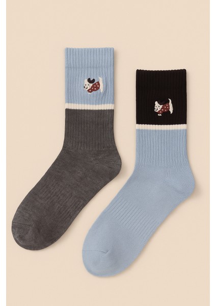 Unisex 2'li Köpek Nakışlı Soket Çorap Mavi Mix