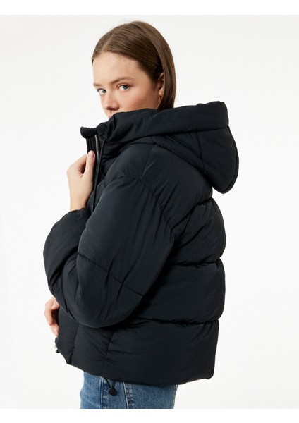 Rahat Kalıp Fermuarlı Kapüşonlu Kapitoneli Dik Yaka Şişme Mont