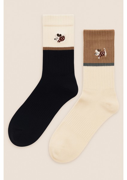 Unisex 2'li Köpek Nakışlı Soket Çorap Ekru Mix