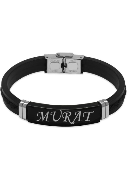 Silikon Kordonlu Siyah Çelik Plakalı Ip Detaylı Isme Özel Veya Harf Yazılı Erkek Bileklik
