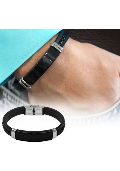 Silikon Kordonlu Siyah Çelik Plakalı Ip Detaylı Isme Özel Veya Harf Yazılı Erkek Bileklik modelleri