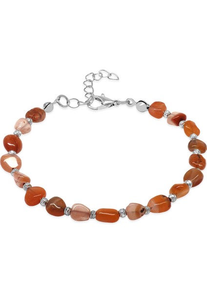 Gümüş Renk Metal Zincirli Dorika Top Süslemeli Amorf Kırmızı Beyaz Akik Doğaltaş Erkek Bileklik